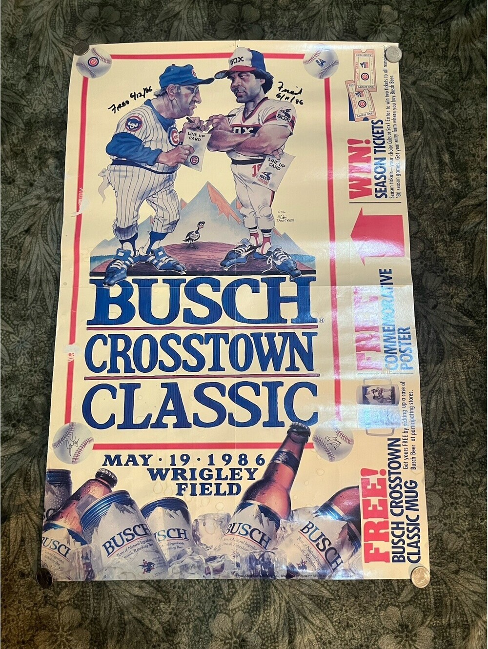 VINTAGE 1986 Busch Crosstown Classic Poster Cubs Sox DUAL SIGNED Frey La Russa